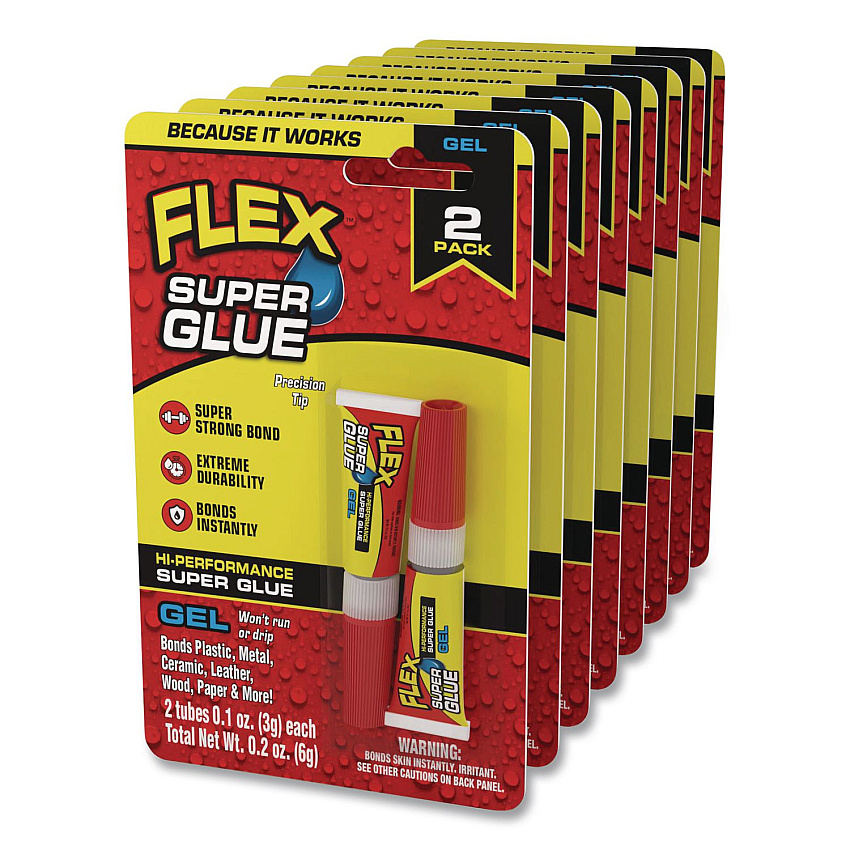 Flex Seal Flex Super Glue, Precision Tip, Gel, 0.1 oz, Dries Clear, 2/Pack, 8/Carton (SGGEL2X3)