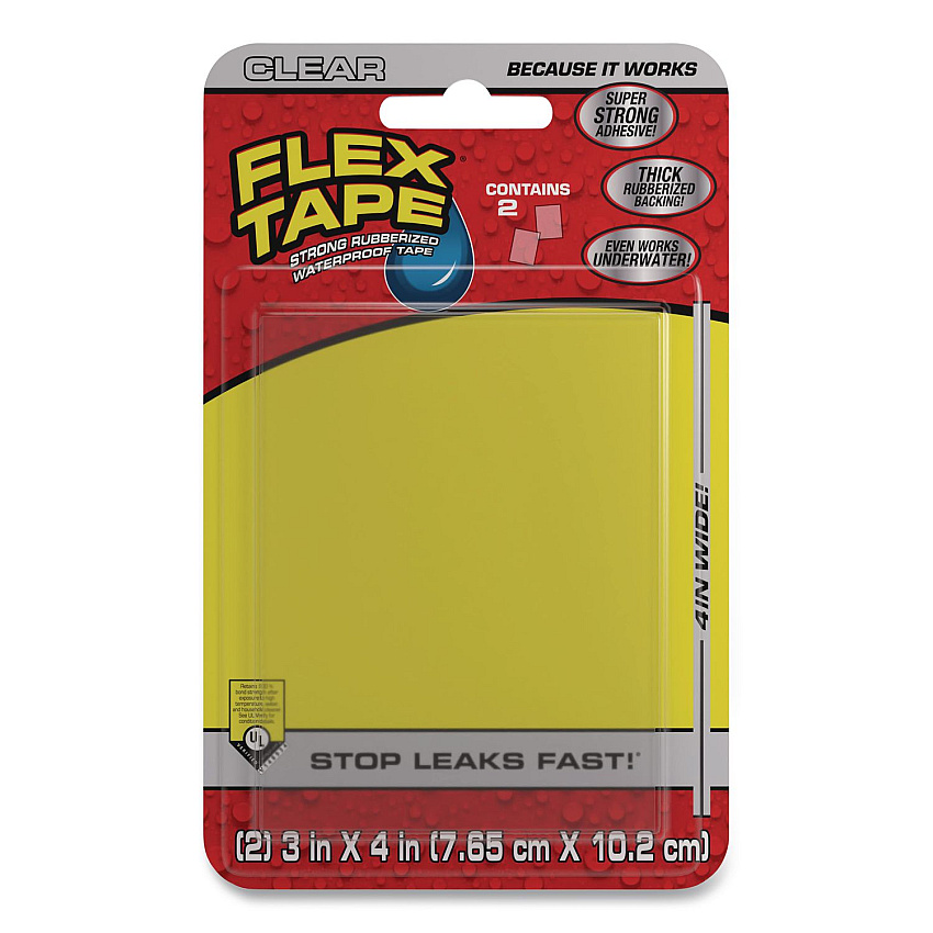 Flex Seal Flex Tape Strong Rubberized Waterproof Tape, 39 mils Thick, 4" x 3", Clear, 2 Patches/Pack, 24/Carton (TFSCLRMINI)