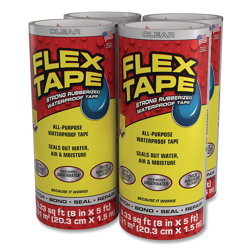 Flex Seal Flex Tape Strong Rubberized Waterproof Tape, 4" Core, 39 mil Thick, 8" x 5 ft, Clear, 4/Carton (TFSCLRR0805)