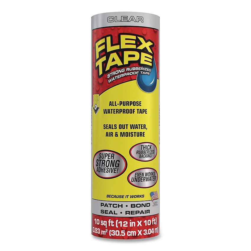 Flex Seal Flex Tape Strong Rubberized Waterproof Tape, 4" Core, 39 mil Thick, 12" x 10 ft, Clear, 4/Carton (TFSCLRR1210)