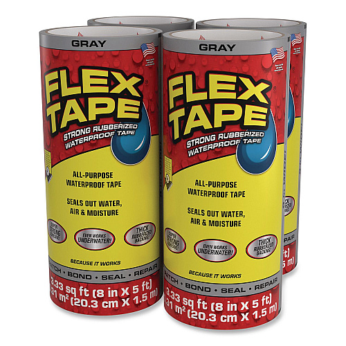 Flex Seal Flex Tape Strong Rubberized Waterproof Tape, 4" Core, 39 mil Thick, 8" x 5 ft, Gray, 4/Carton (TFSGRYR0805)