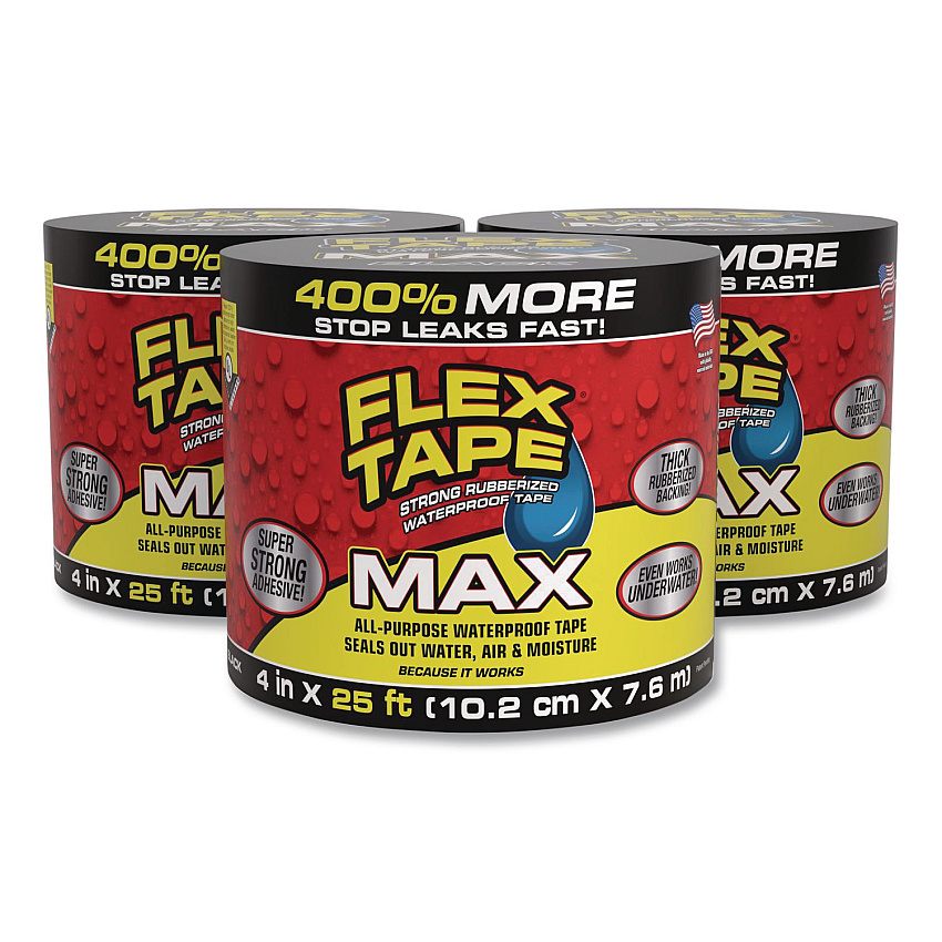 Flex Seal MAX Strong Rubberized Waterproof Tape, 4" Core, 39 mils Thick, 4" x 25 ft, Black, 3/Carton (TFSMAXBLK04)