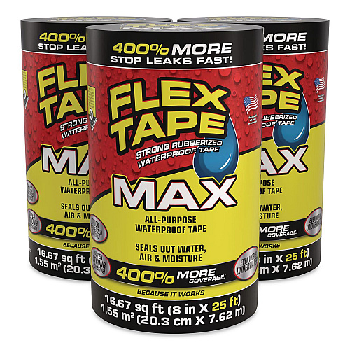 Flex Seal MAX Strong Rubberized Waterproof Tape, 4" Core, 39 mils Thick, 8" x 25 ft, Black, 3/Carton (TFSMAXBLK08)