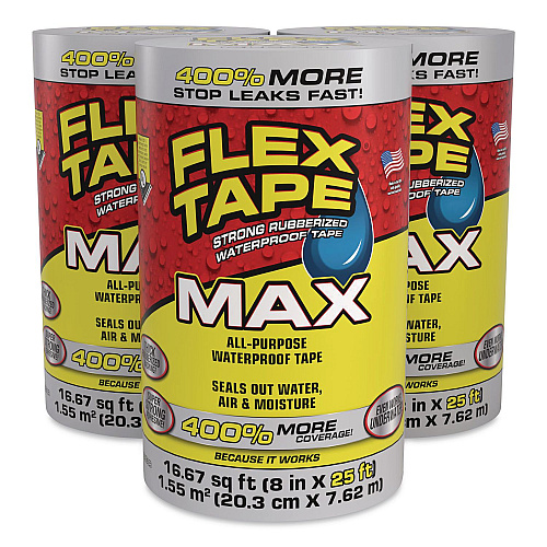 Flex Seal MAX Strong Rubberized Waterproof Tape, 4" Core, 39 mils Thick, 8" x 25 ft, Clear, 3/Carton (TFSMAXCLR08)