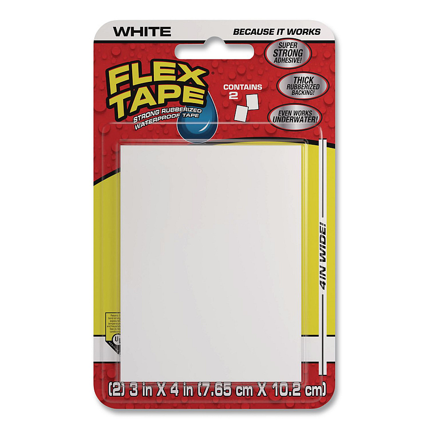 Flex Seal Flex Tape Strong Rubberized Waterproof Tape, 39 mils Thick, 4" x 3", White, 2 Patches/Pack, 24/Carton (TFSWHTMINI)