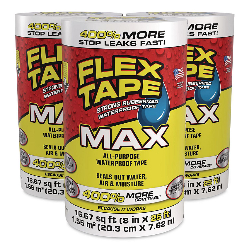 Flex Seal MAX Strong Rubberized Waterproof Tape, 4" Core, 39 mils Thick, 8" x 25 ft, White, 3/Carton (TFSMAXWHT08)