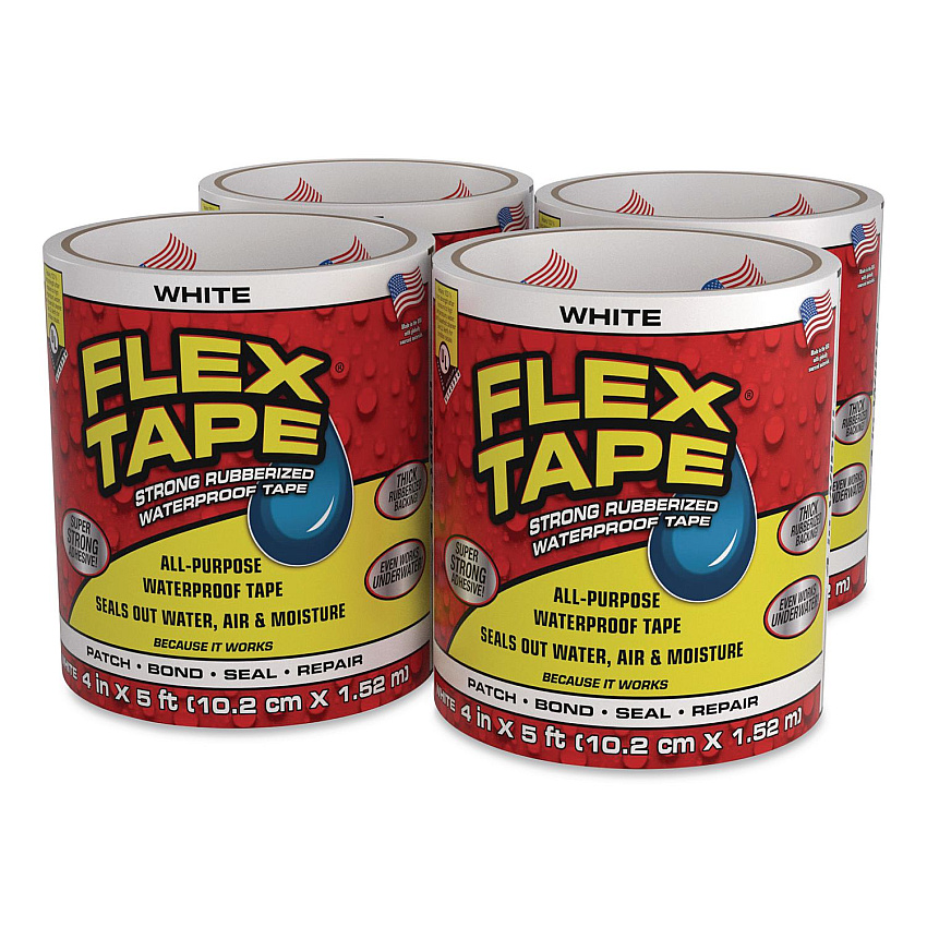 Flex Seal Flex Tape Strong Rubberized Waterproof Tape, 4" Core, 39 mil Thick, 4" x 5 ft, White, 4/Carton (TFSWHTR0405)