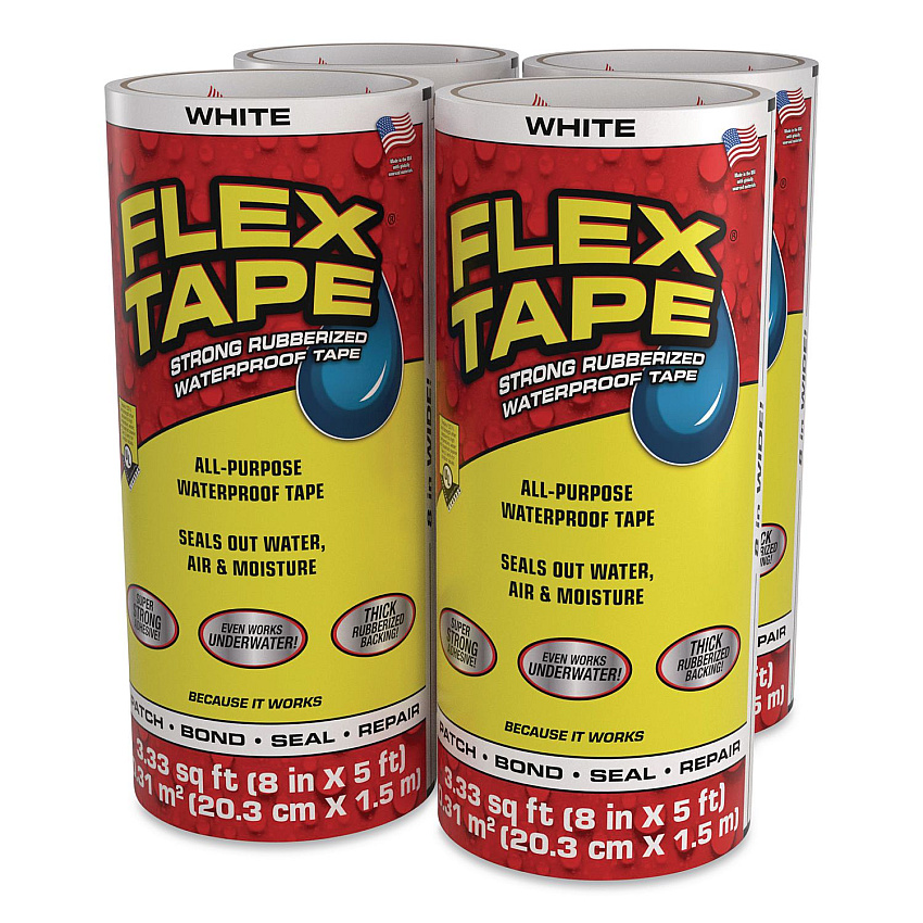 Flex Seal Flex Tape Strong Rubberized Waterproof Tape, 4" Core, 39 mil Thick, 8" x 5 ft, White, 4/Carton (TFSWHTR0805)