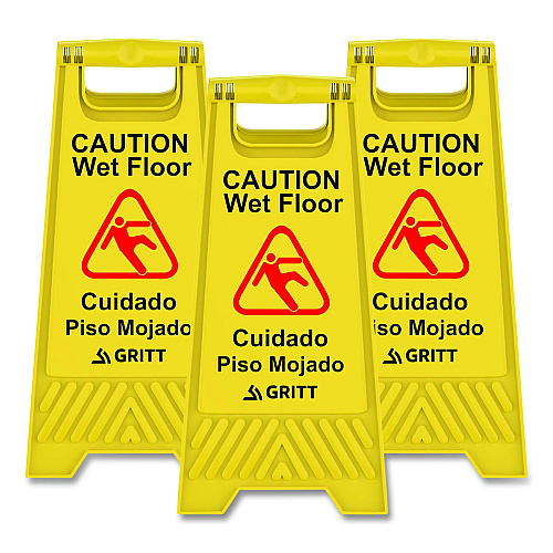 Gritt Commercial Caution Wet Floor Sign, 11.8 x 12 x 24, Yellow, 3/Pack (GRI184YEL3PK)