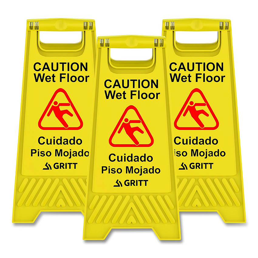 Gritt Commercial Caution Wet Floor Sign, 11.8 x 12 x 24, Yellow, 3/Pack (GRI184YEL3PK)