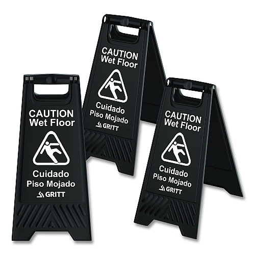Gritt Commercial Caution Wet Floor Sign, 11.8 x 12 x 24, Black, 3/Pack (GRI184BLK3PK)