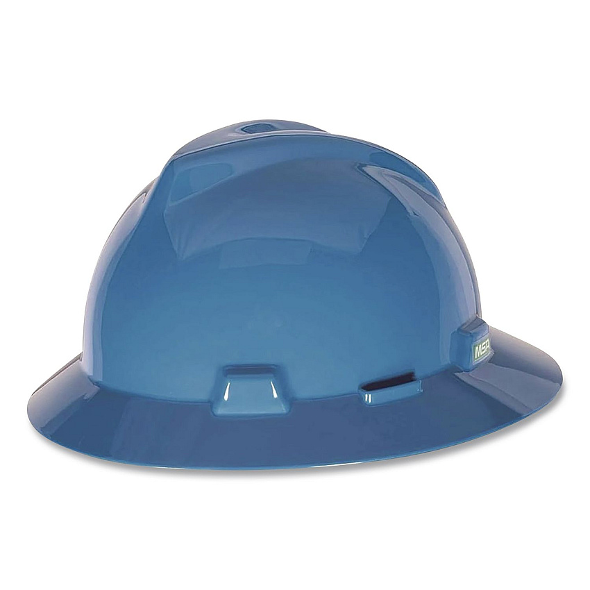 MSA V-Gard Hard Hats, Vented, Full Brim, Fas-Trac III Slide Lock Suspension, One Size Fits Most (6.5 to 8), Blue (10058320)