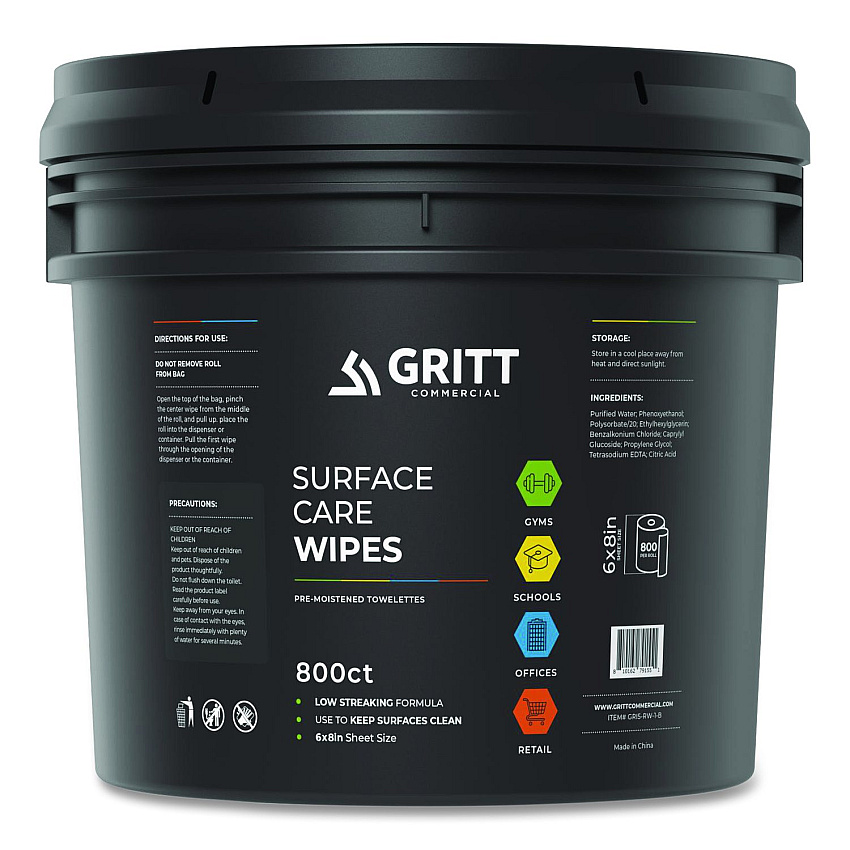 Gritt Commercial Surface Care Wipes, 1-Ply, 6 x 8, Fresh Scent, White, 800 Wipes/Bucket (GRI5RW1B)