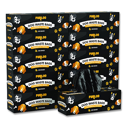 Furloo Commercial Grade Dog Waste Station Refill Bags, Open-Face, 8" x 13", Black, 200 Bags/Roll, 10/Carton (FLO210)