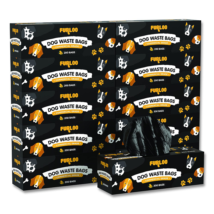 Furloo Commercial Grade Dog Waste Station Refill Bags, Open-Face, 8" x 13", Black, 200 Bags/Roll, 10/Carton (FLO210)