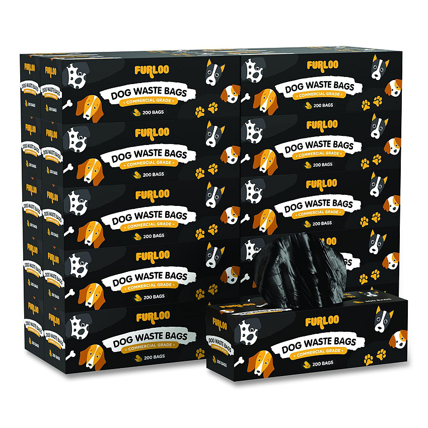Furloo Commercial Grade Dog Waste Station Refill Bags, Open-Face, 8" x 13", Black, 200 Bags/Roll, 20/Carton (FLO220)