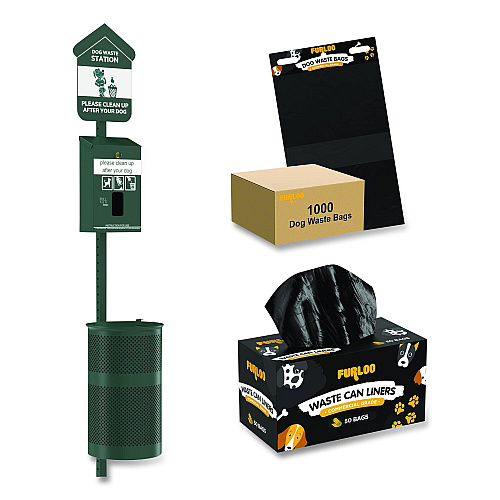 Furloo Pet Waste Station Starter Kit with Header Bag Dispenser, Bags and Liners, 11.5 gal, Top Door, Green (FLO1HSGB)
