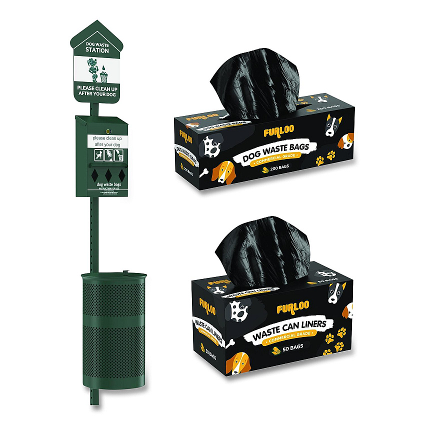 Furloo Pet Waste Station Starter Kit with Roll Bag Dispenser, Bags and Liners, 11.5 gal, Top Door, Green (FLO1RSGB)