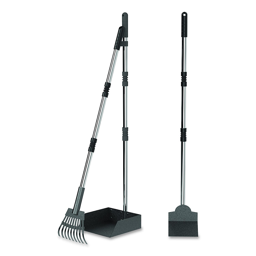 Furloo Dog Pooper Scooper Set with Heavy-Duty Metal Tray, Rake and Spade, 37.8" Length Black/Silver (FLO3)