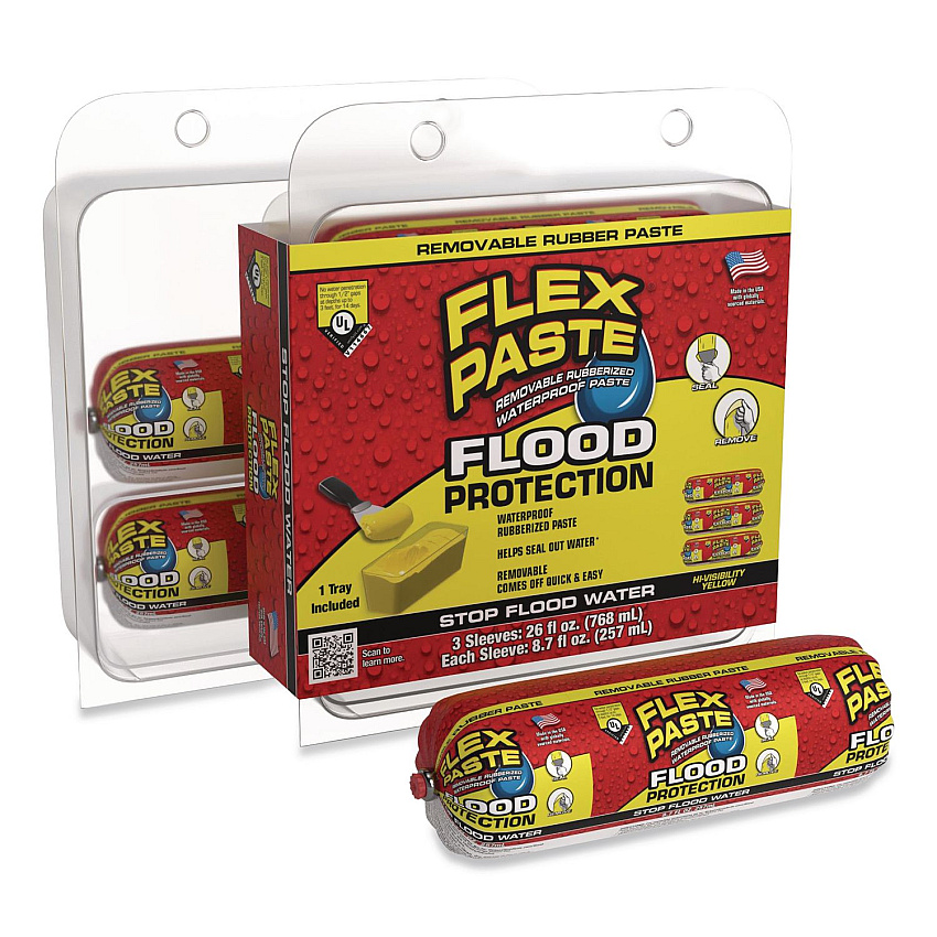 Flex Seal Flex Paste Flood Protection Paste, (3) 8.7 oz Sleeves with Tray/Pack, Dries Yellow, 3 Packs/Carton (RPSYELR32)