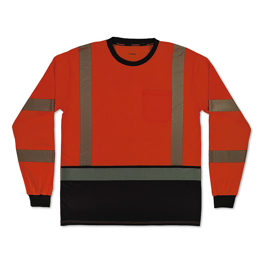 ergodyne GloWear 8371BK Class 3 Performance Hi-Vis Long Sleeve T-Shirt with Black Bottom, Medium, Orange (22303)