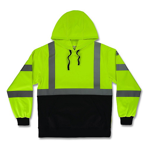 ergodyne GloWear 8311BK Class 3 Essential Hi-Vis Hooded Sweatshirt with Black Bottom, Medium, Lime (22873)