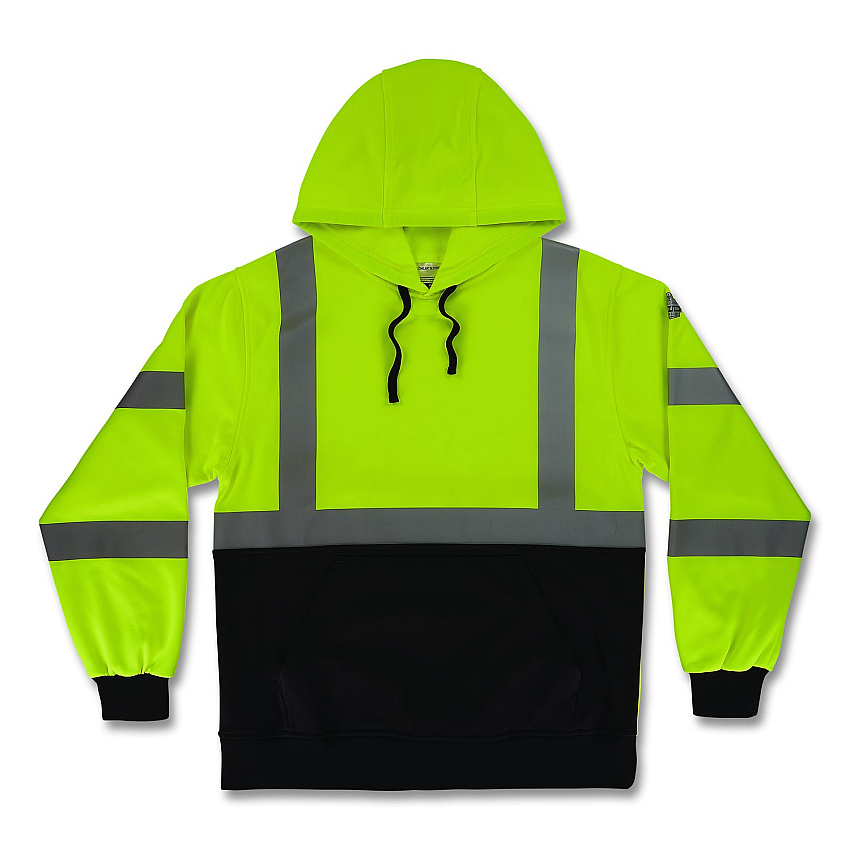 ergodyne GloWear 8311BK Class 3 Essential Hi-Vis Hooded Sweatshirt with Black Bottom, Medium, Lime (22873)