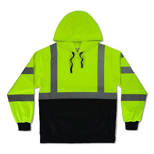 ergodyne GloWear 8311BK Class 3 Essential Hi-Vis Hooded Sweatshirt with Black Bottom, Large, Lime (22874)