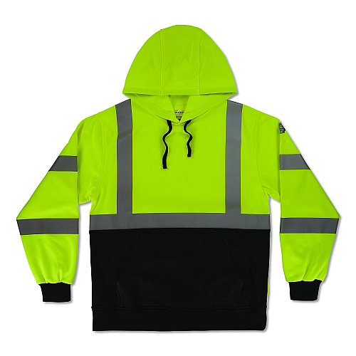 ergodyne GloWear 8311BK Class 3 Essential Hi-Vis Hooded Sweatshirt with Black Bottom, X-Large, Lime (22875)