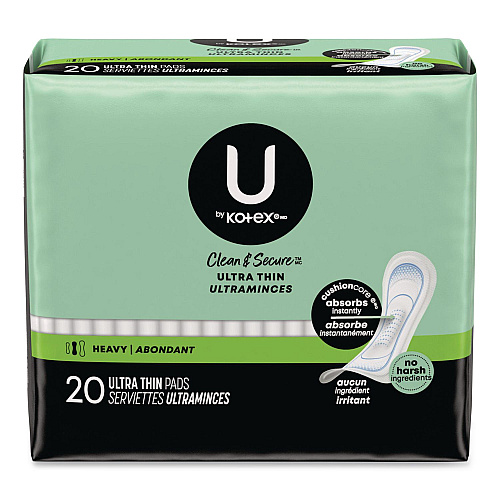 U by Kotex Security Ultra Thin Feminine Pads, Heavy Absorbency, 20/Pack, 8 Packs/Carton (53088CT)
