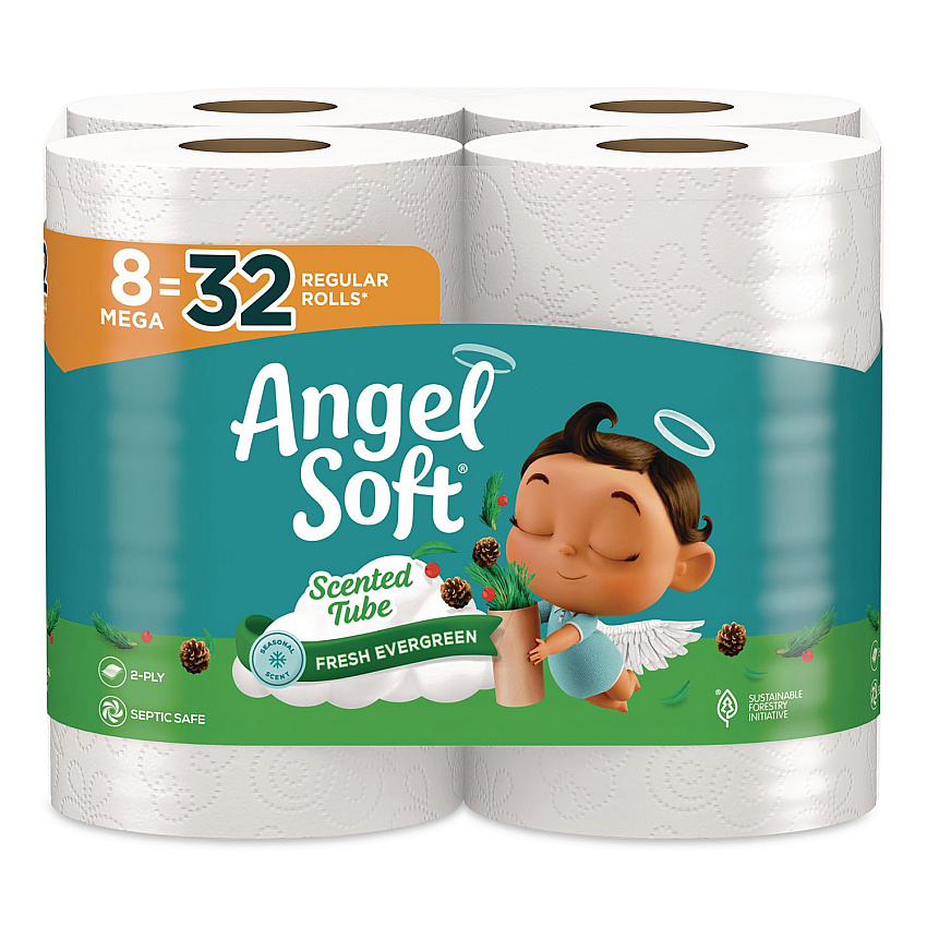 Angel Soft Mega Toilet Paper, Limited Edition Fresh Evergreen Scent Tube, Septic Safe, 2-Ply, White, 320 Sheets/Roll, 8 Rolls/Pack (79461)