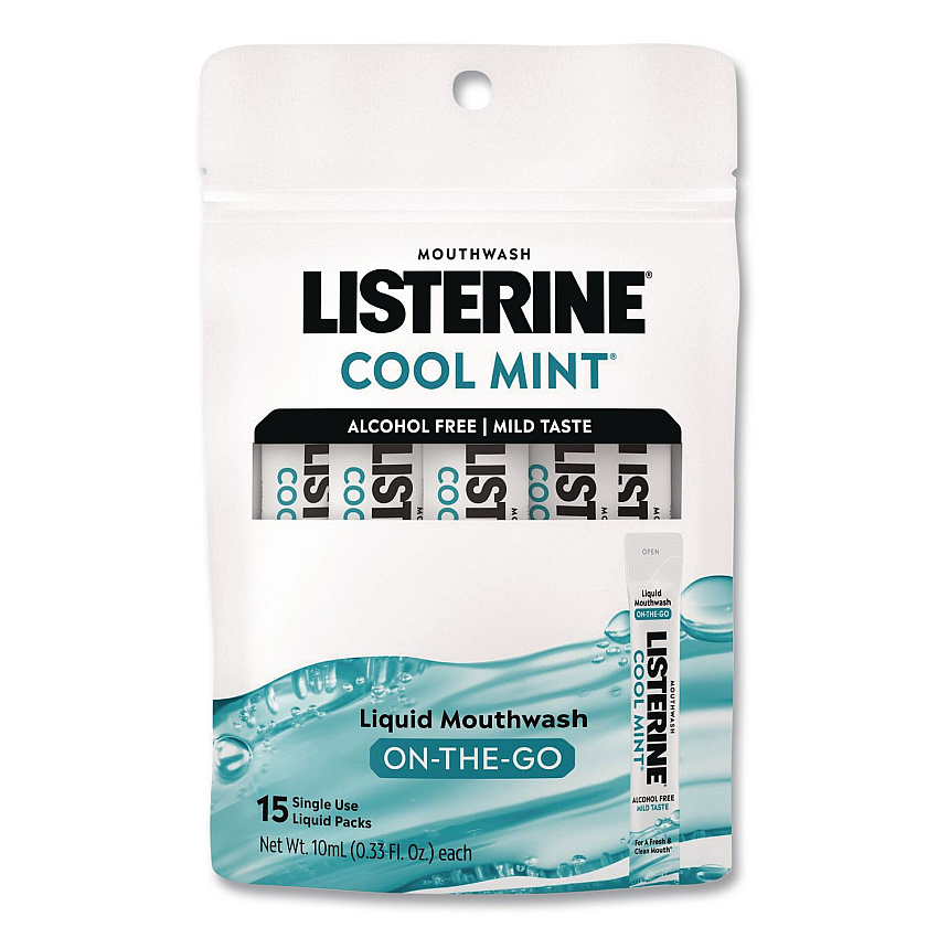 Listerine On-The-Go Mouthwash, Cool Mint Flavor, 0.33 oz Packet, 15/Pack (20246)