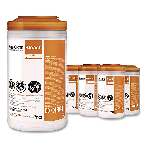 PDI Sani-Cloth with Bleach Disinfecting Wipes, 7.5 x 15, Unscented, White, 65 Wipes/Canister, 6 Canisters/Carton (P25784CT)