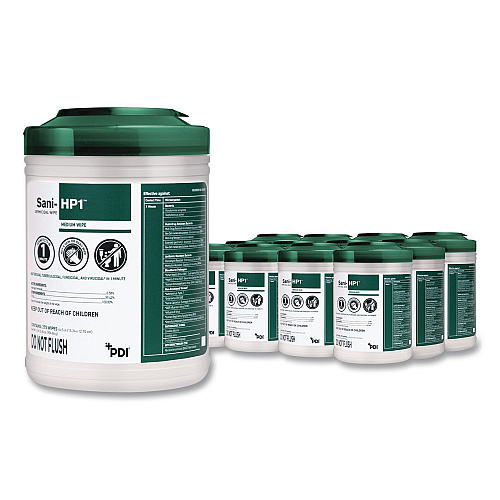 Sani-HP1 Germicidal Wipes, 5 x 6, Unscented, White, 275 Wipes/Canister, 12 Canisters/Carton (P62572CT)