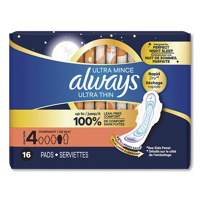 Always Ultra Thin Overnight Pads with Wings, Size 4, Overnight Absorbency, 16/Pack, 6 Packs/Carton (12851)