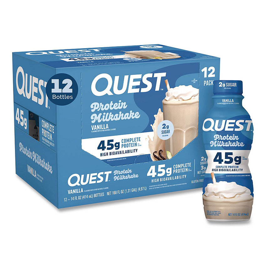 Quest Protein Milkshakes, Vanilla, 14 oz Bottle, 12/Carton (QUN01602)