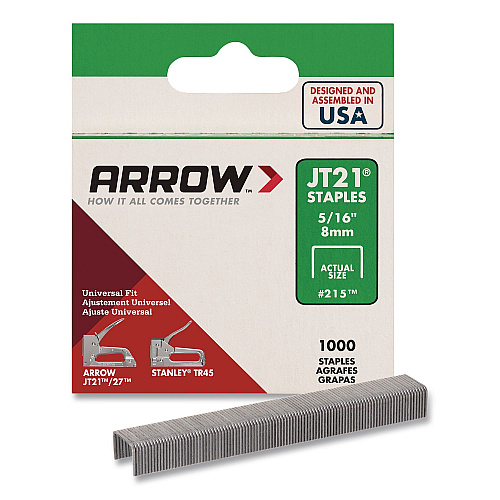 Arrow JT21 Standard Staples, 0.31" Leg, 0.44" Crown, Silver, 1,000/Box (21524AM)