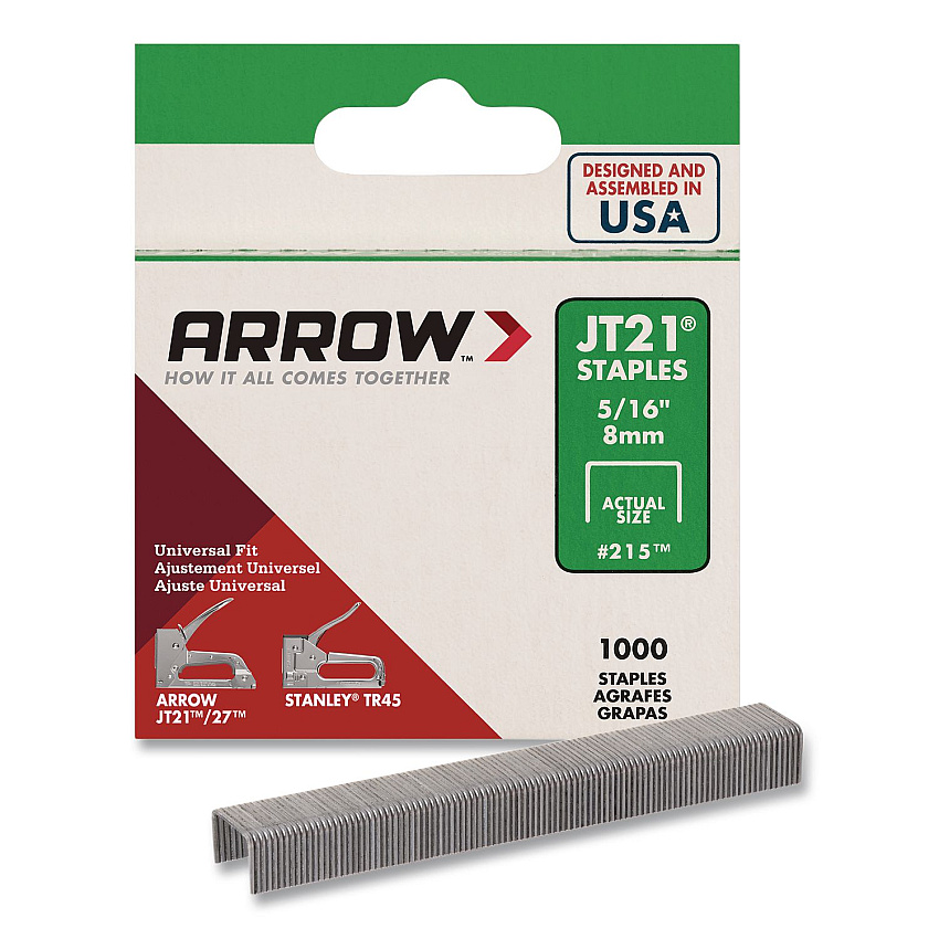 Arrow JT21 Standard Staples, 0.31" Leg, 0.44" Crown, Silver, 1,000/Box (21524AM)