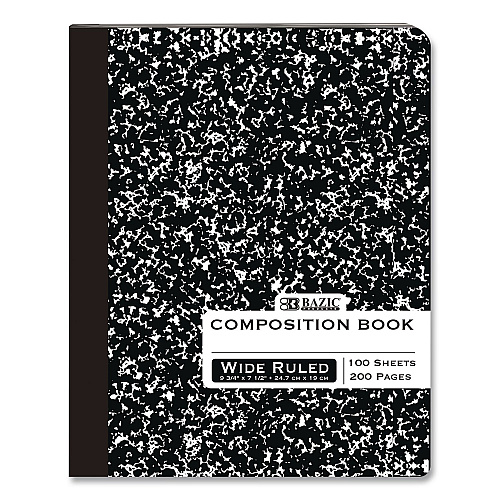 BAZIC Composition Books, 1 Subject, Wide/Legal Rule, Black Marble Cover, (100) 9.75 x 7.5 Sheets (508)