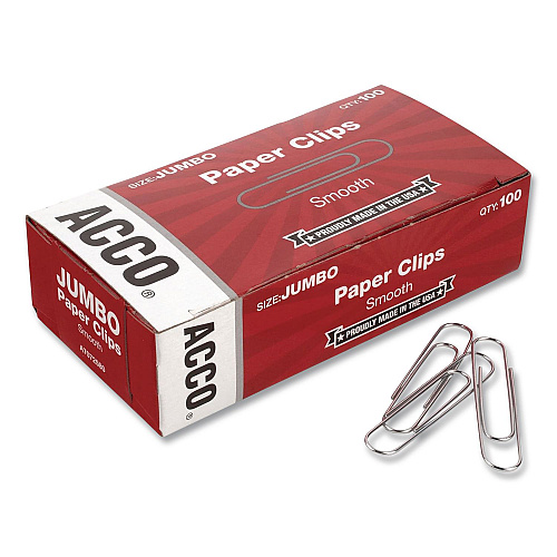 Acco Paper Clips, Jumbo, Smooth, Silver, 20-Sheet Capacity, 100 Clips/Box (72580BX)