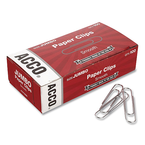 Acco Paper Clips, #1, Smooth, Silver, 100 Clips/Box (72380BX)