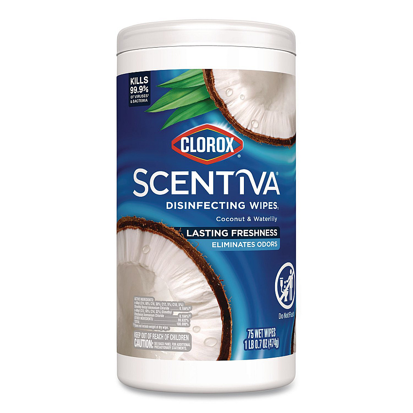 Clorox Scentiva Bleach Free Cleaning Wipes, 7.25 x 7, Coconut and Waterlilly, 75/Canister (60037PK)