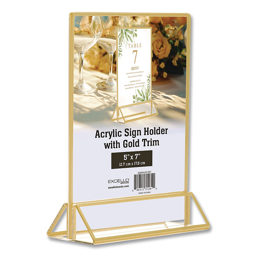 Excello Global Products Acrylic Sign Holder with Gold Trim, 5 x 7 Insert (SGNHGT5X7)