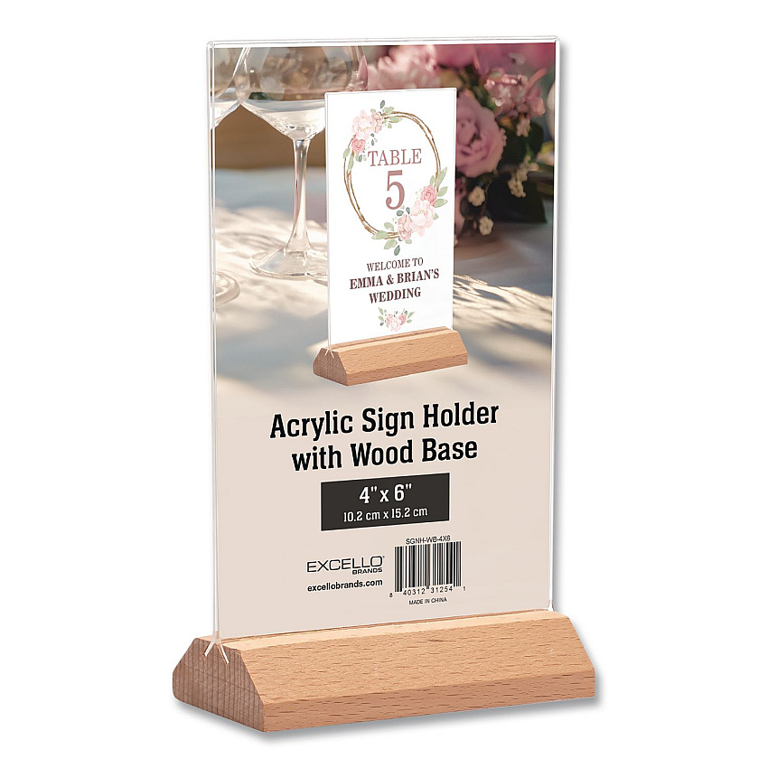 Excello Global Products Acrylic Sign Holder with Wood Base, 4 x 6 Insert (SGNHWB4X6)