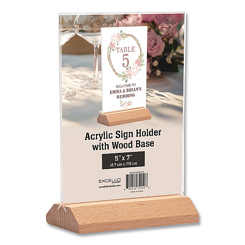 Excello Global Products Acrylic Sign Holder with Wood Base, 5 x 7 Insert (SGNHWB5X7)