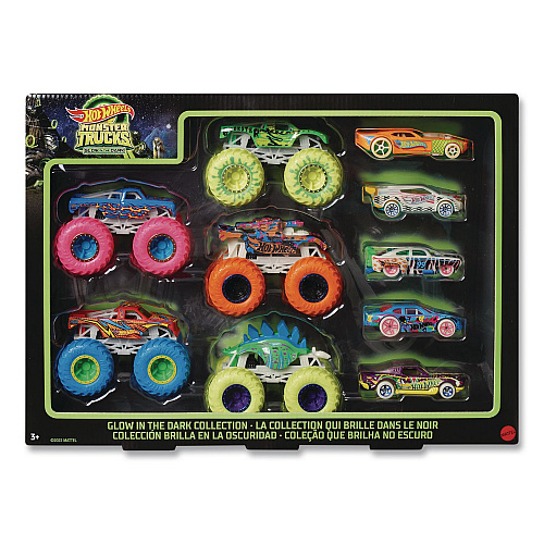 Mattel Hot Wheels Monster Trucks Glow-in-the-Dark Collection, Ages 4 to 8, 10 Pieces (HCB57)