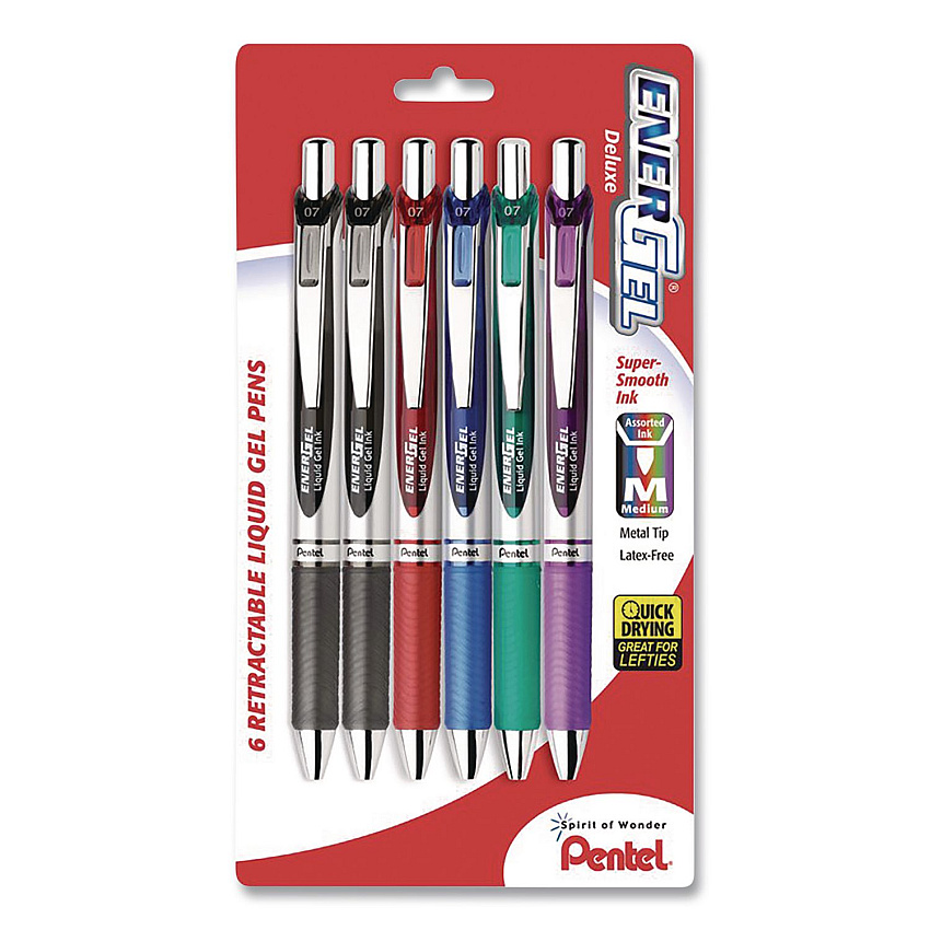 Pentel EnerGel RTX Gel Pen, Retractable, Medium 0.7 mm, Assorted Ink, Assorted Barrel, 6/Pack (BL77BP6M)