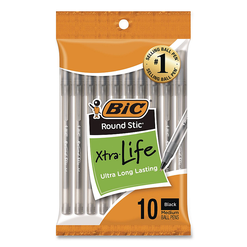 BIC Round Stic Xtra Life Ballpoint Pen, Stick, Medium 1 mm, Black Ink, Translucent Black Barrel, 10/Pack (20123)