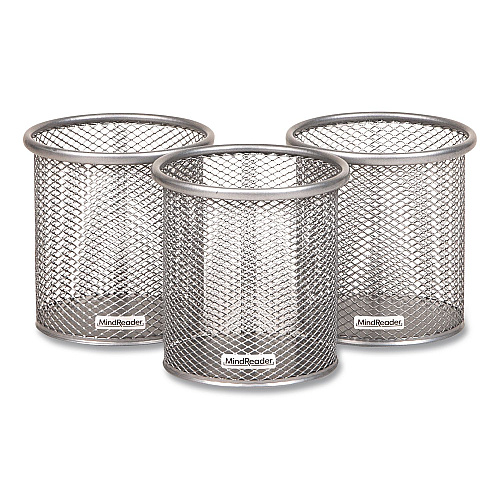 Mind Reader Metal Pen Holder, 3.5" x 3.5" x 3.75", Silver, 3 Pieces/Set (CLIPMESH3SIL)
