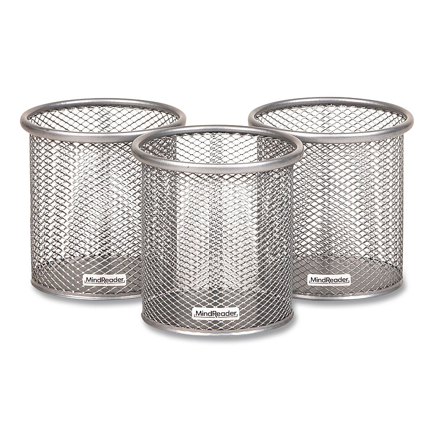Mind Reader Metal Pen Holder, 3.5" x 3.5" x 3.75", Silver, 3 Pieces/Set (CLIPMESH3SIL)